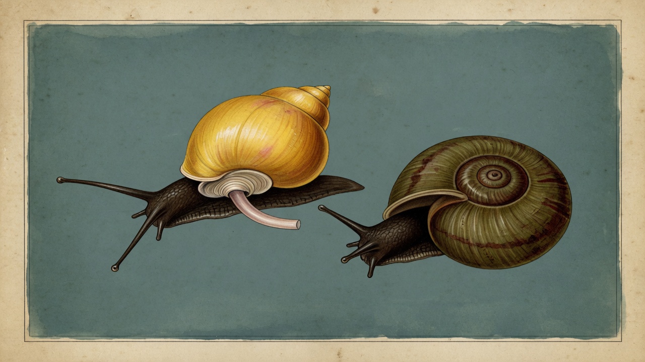 Illustration: links gelbe Apfelschnecke Pomacea mit Siphon und Deckel, rechts Planorbarius-ähnliches Tellergehäuse