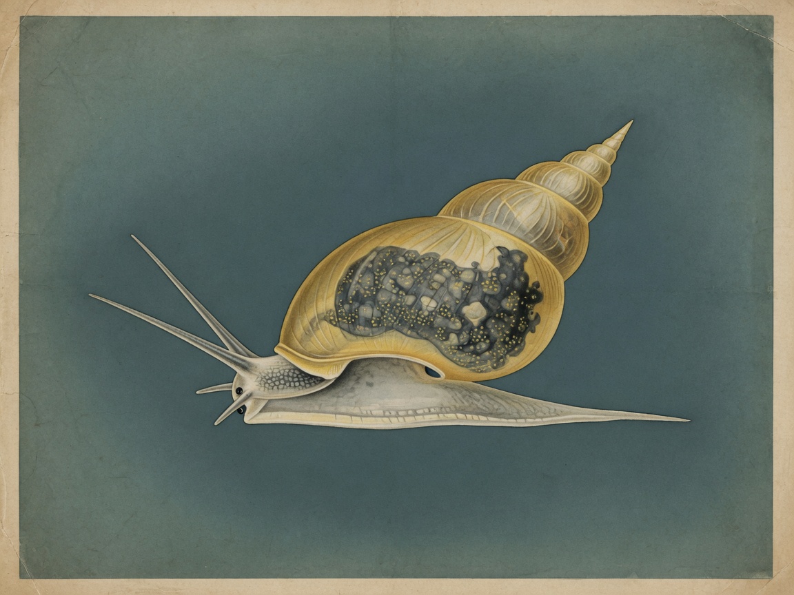 Illustration einer Spitzen Blasenschnecke: spitzes dünnes Gehäuse, Mantelflecken scheinen durch, fadenförmige Fühler
